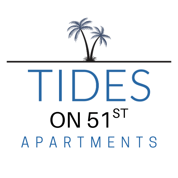 A logo for Tides on 51st Apartments featuring two palm trees.
